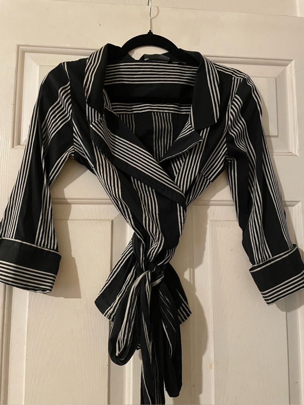Zara Woman Black Silver Metallic Pinstripe Tie Wrap Blouse Small